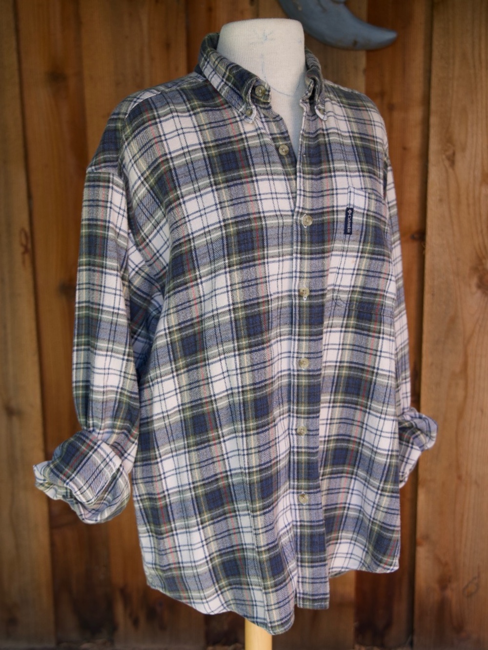 Vintage 90's Columbia 100% Cotton Flannel Blue & White Button Down Men's L